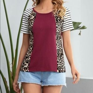 🆕LAST ONE!🛍 Leopard & Stripes Colorblock Top in Burgundy